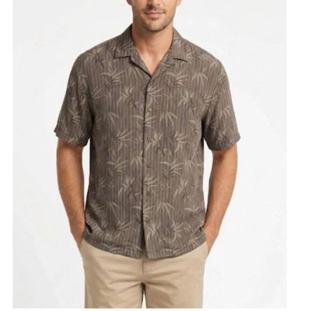 Tommy Bahama Men's Brown Tan Tropical Leaf Print Hawaiian SS Button Shirt Size L